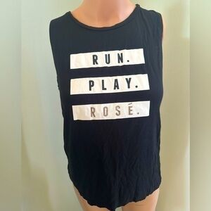 “Run. Play. Rose” Black White and Rose Gold Soft Sleeveless Shirt Women’s SZ S